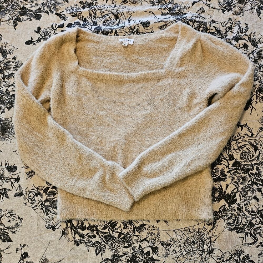 Le Lis Soft Fuzzy Square Neck Beige Sweater